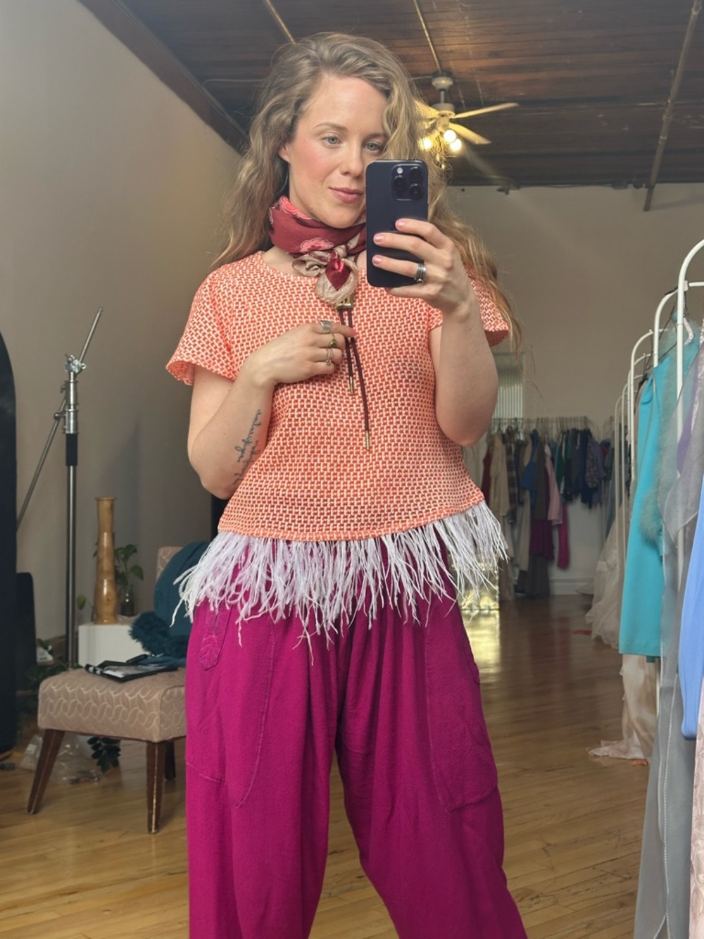 Orange & White Woven Fringe/ feather Top